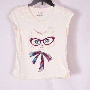 CRB Girl Cat Design Gathered Sides Tee Shirt Size Medium 10.5-12.5
